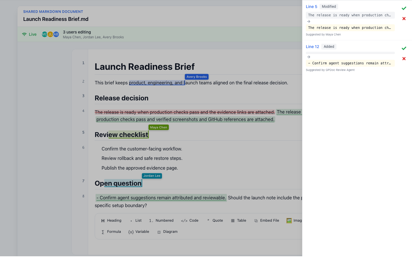 Human and configured-agent review in an open Markdown file