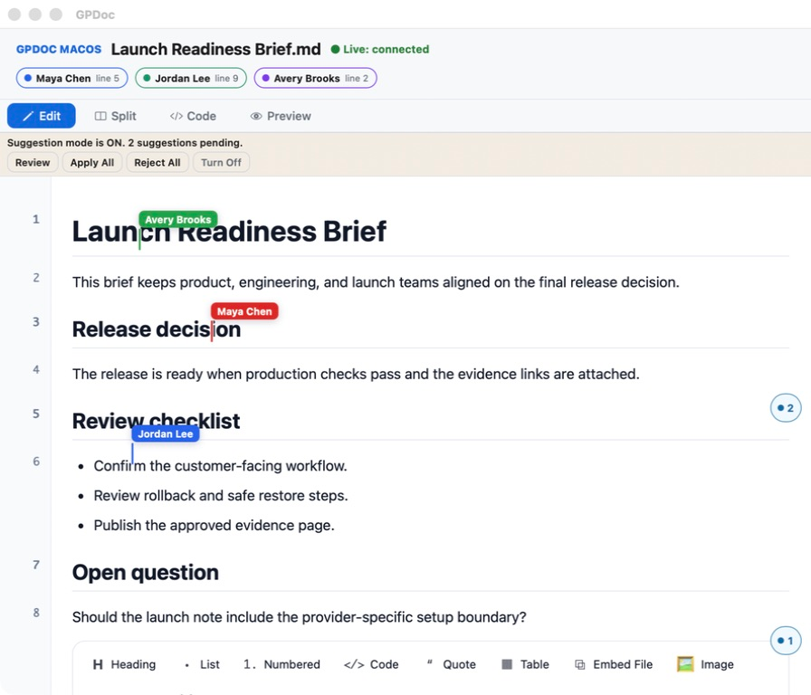 GPDoc for macOS showing three people editing one shared Markdown document with labeled live cursors