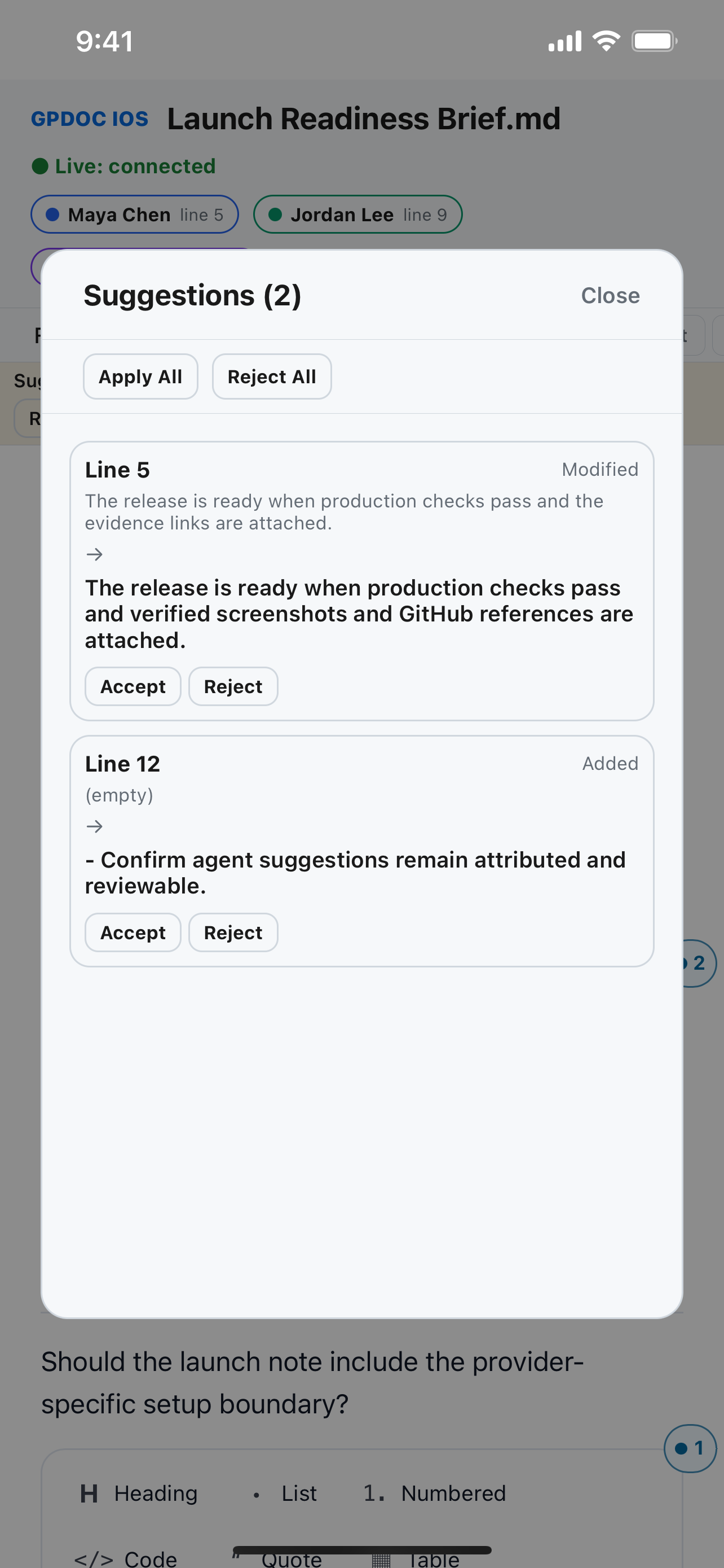 GPDoc for iOS showing two attributed Markdown suggestions with Accept and Reject controls