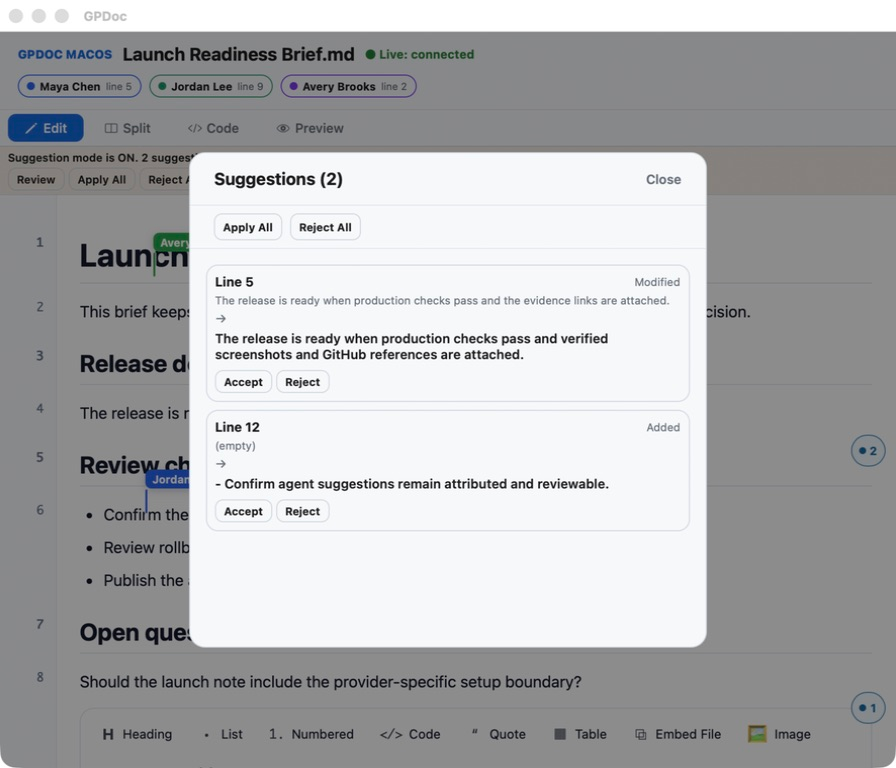 GPDoc for macOS showing attributed human and agent Markdown suggestions with accept and reject controls