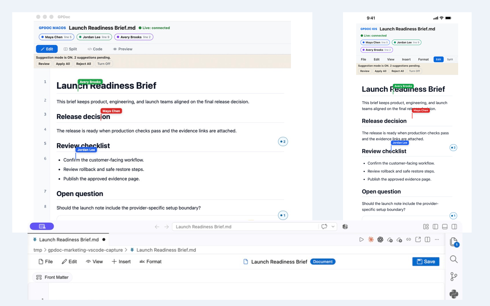 Live collaboration across web, VS Code, macOS, and iOS