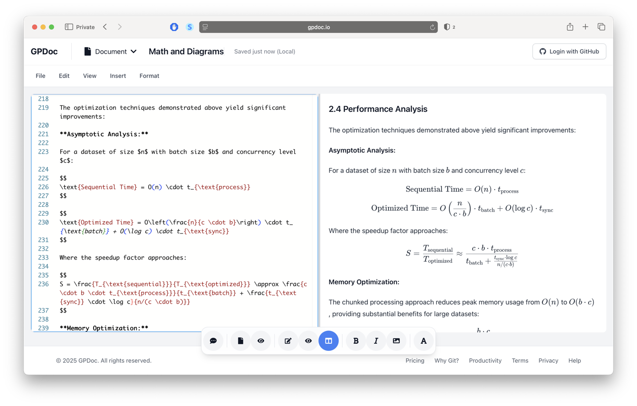 GPDoc document editor showing a structured document workflow